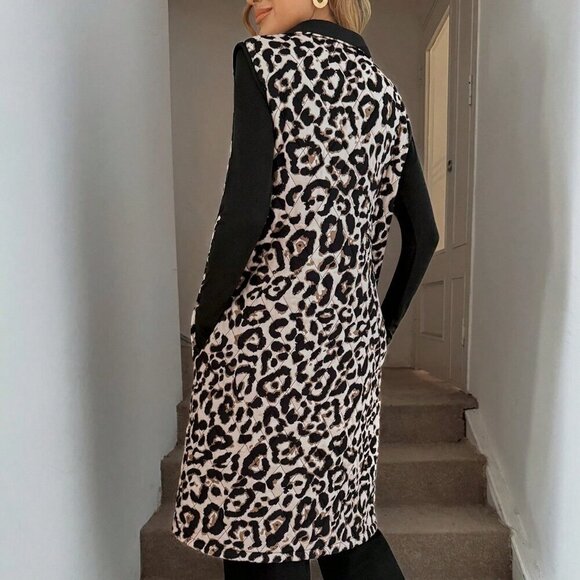 Casual Women's Leopard print Zip up Long Vest Jacket With Pockets - Picture 4 of 6